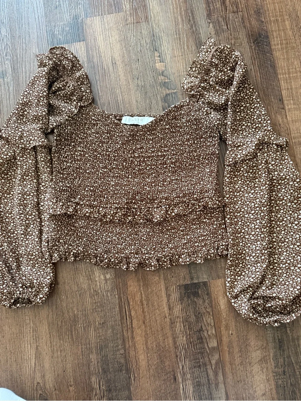 Astr Brown Floral Smocked Ruffle Crop Top